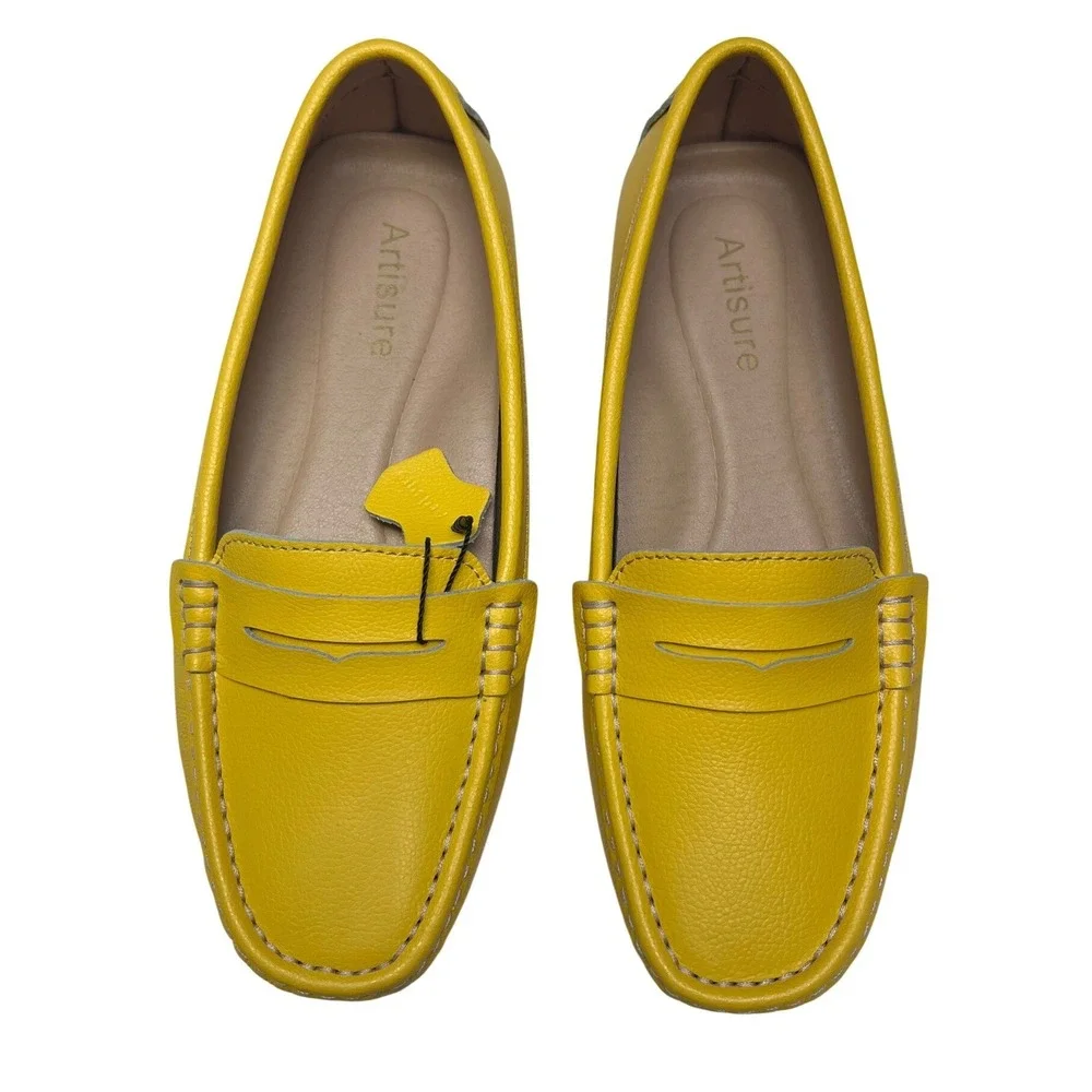 Artisure Leather Driving Penny Loafers Yellow Sz 8 Moccasins Casual Slip-On New